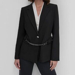 DKNY Women's Black Chain Belted One-Button Blazer Jacket Workwear Casual NWT